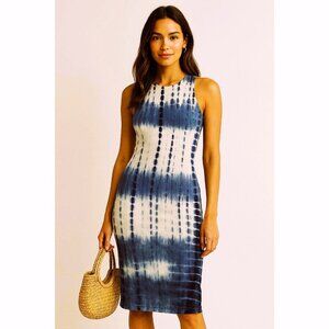 Sonice Collection Women M Sleeveless Bodycon Blue White Tie-Dye Dress Stretchy